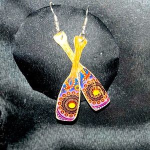 Paisley print wood canoe paddle earrings